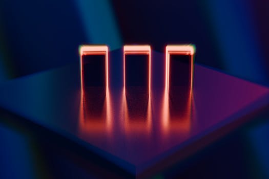 Abstract image of three neon-lit blocks reflecting on a surface, creating a futuristic ambiance.