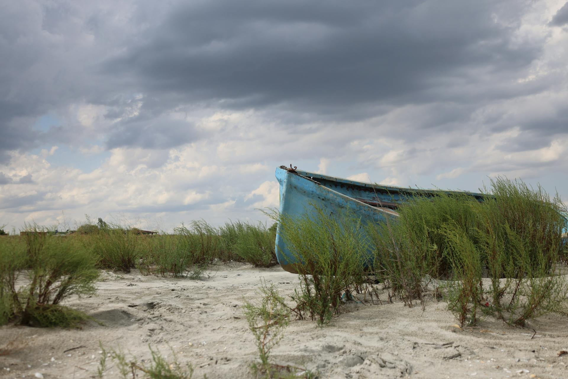 A vintage blue boat rests on a sandy beach with lush green plants under a dramatic cloudy sky.