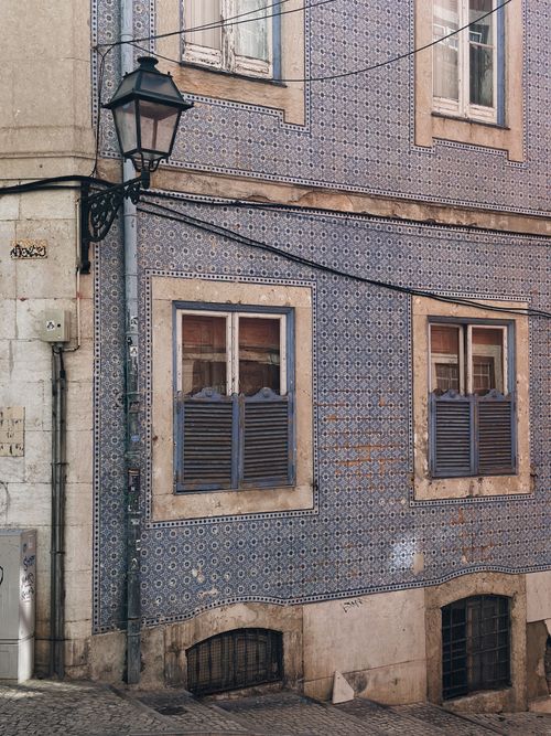 Free Exterior view of a traditional blue tiled building in Lisbon, Portugal. Stock Photo