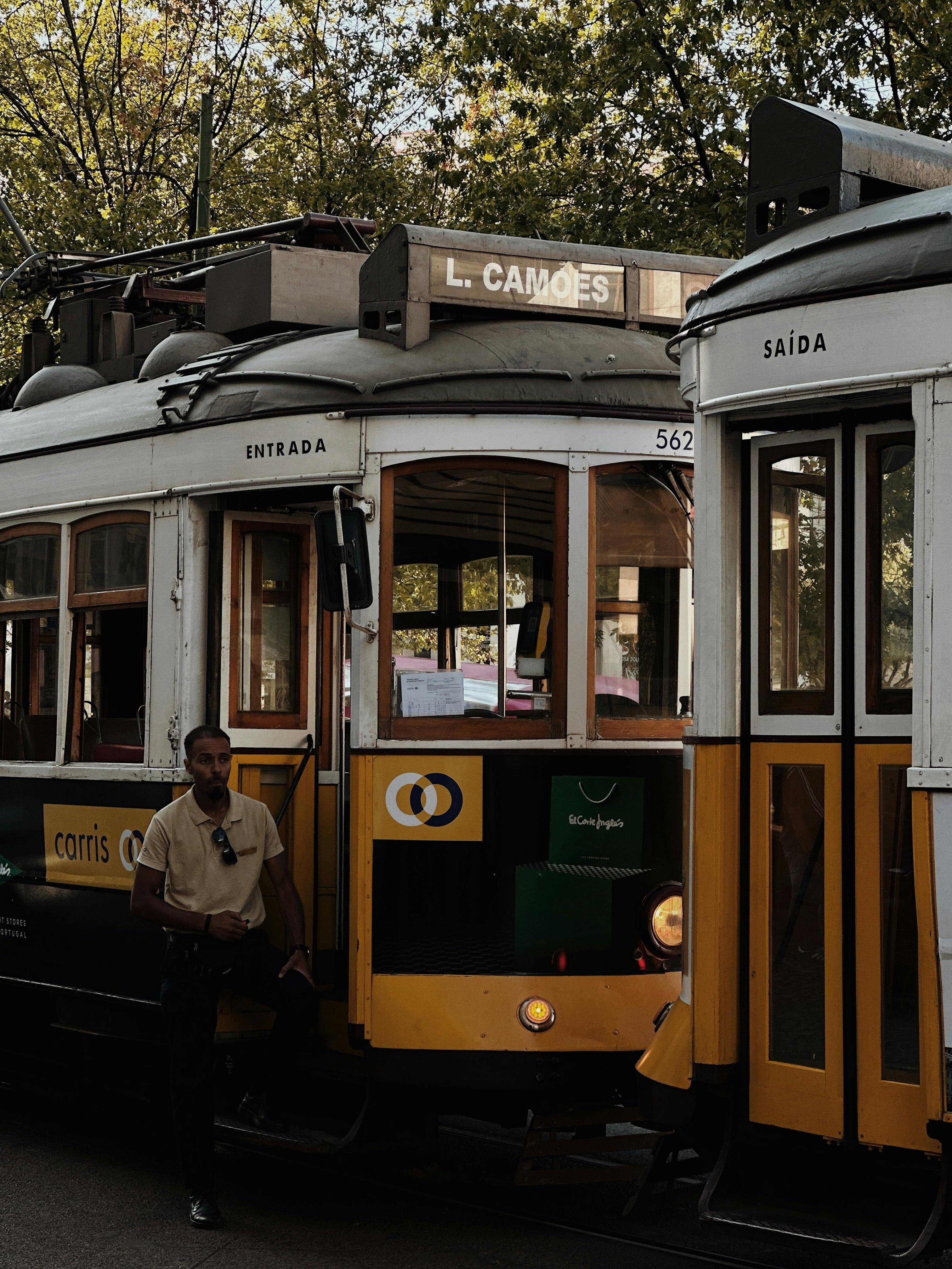 historic tram at l camoes station in lisbon