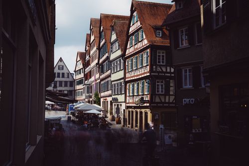 Free Medieval half-timbered houses line the historic street in Tübingen. Stock Photo