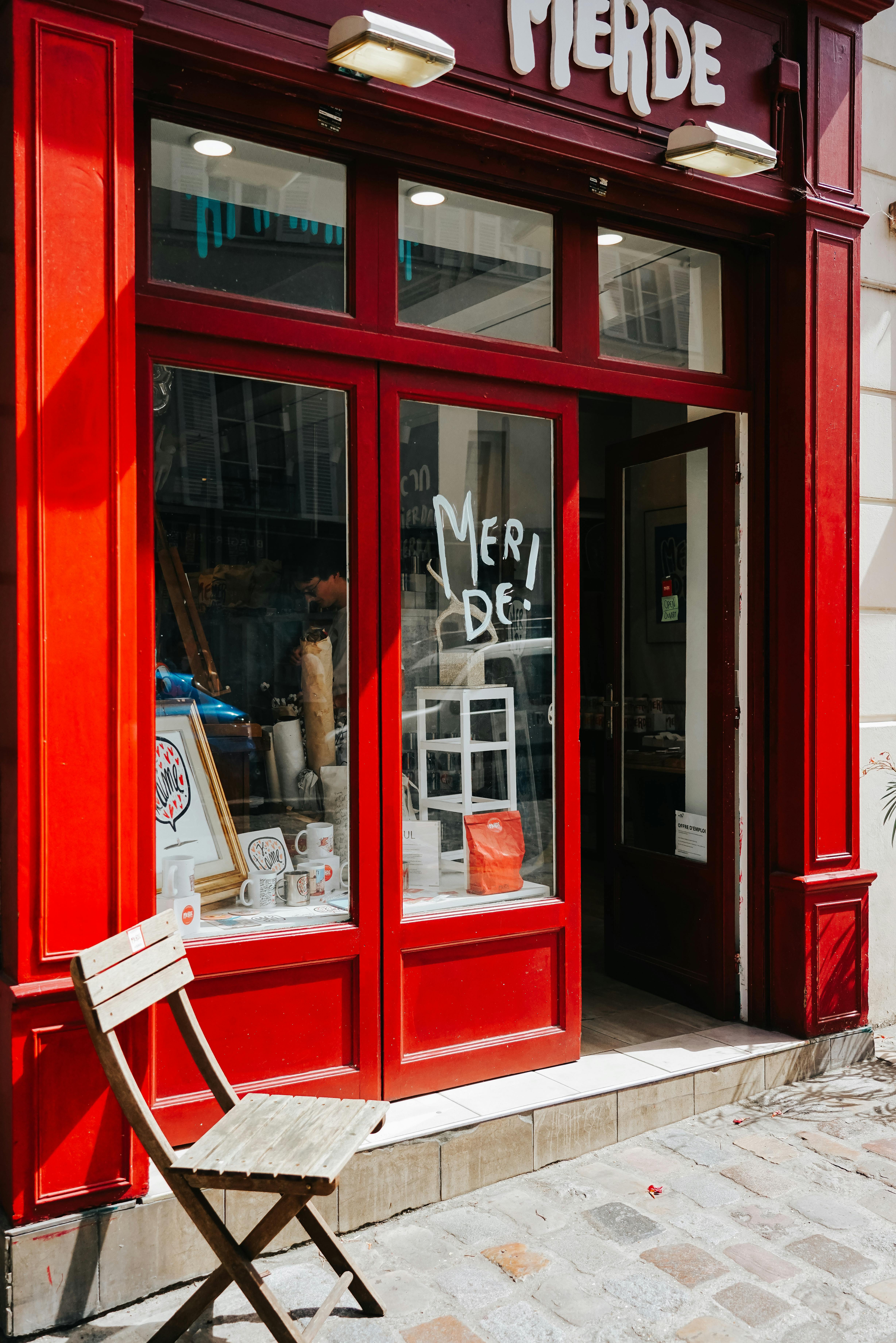 charming red storefront in urban setting