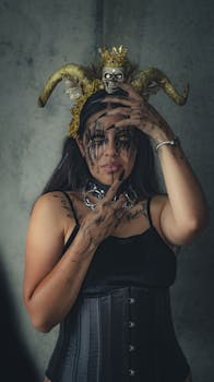 A dramatic portrait of a woman in gothic makeup and elaborate horned headdress.