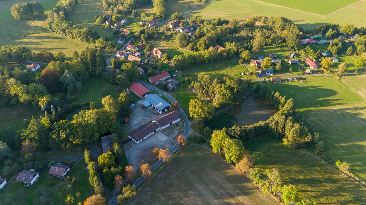 Aerial view of a small village surrounded by trees · Free Stock Photo