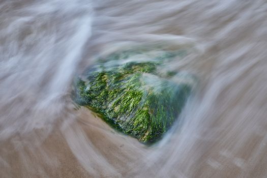 Long exposure shot of ocean water flowing over a seaweed-covered rock on a sandy beach.