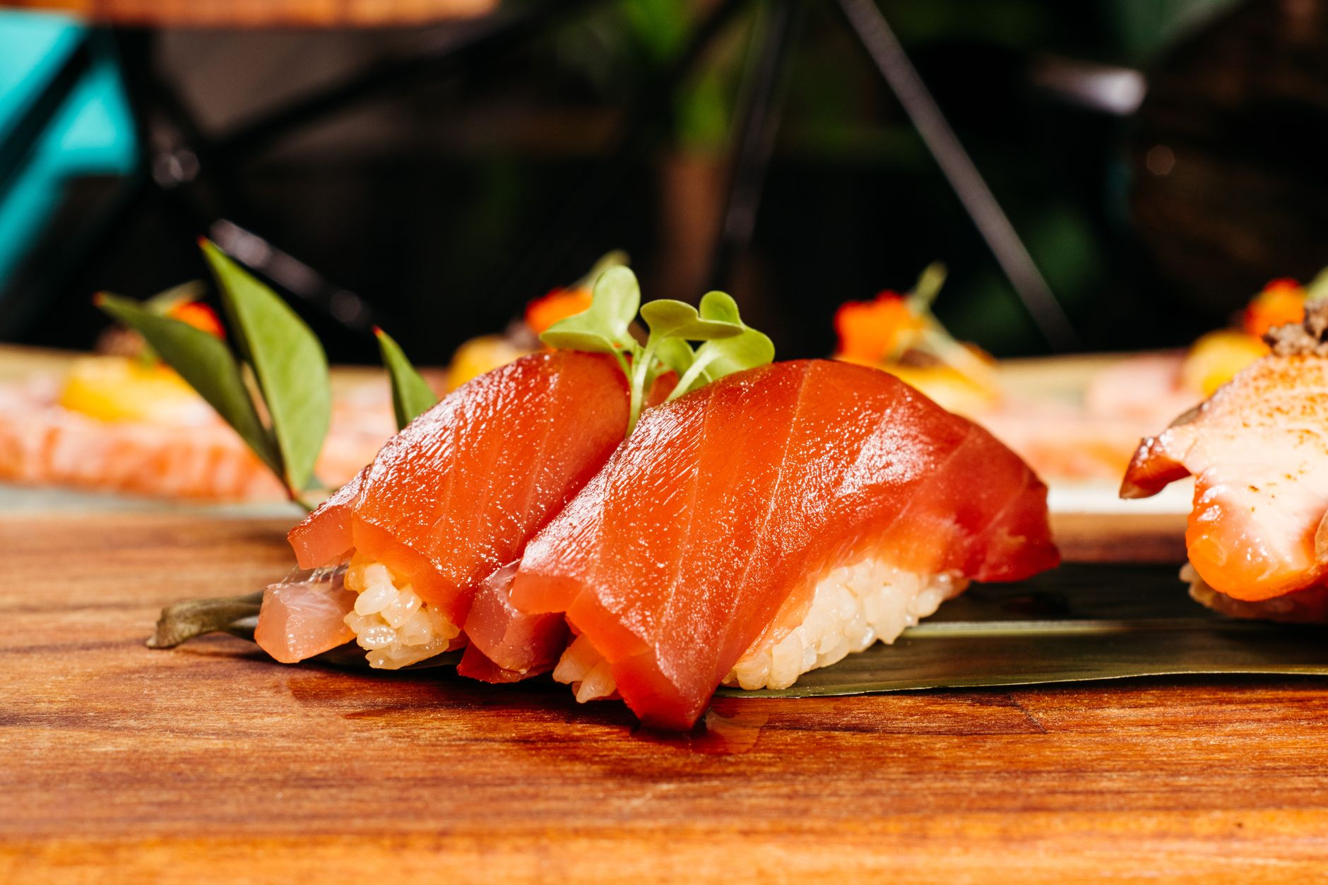 Fresh salmon slices showing vibrant color for sushi