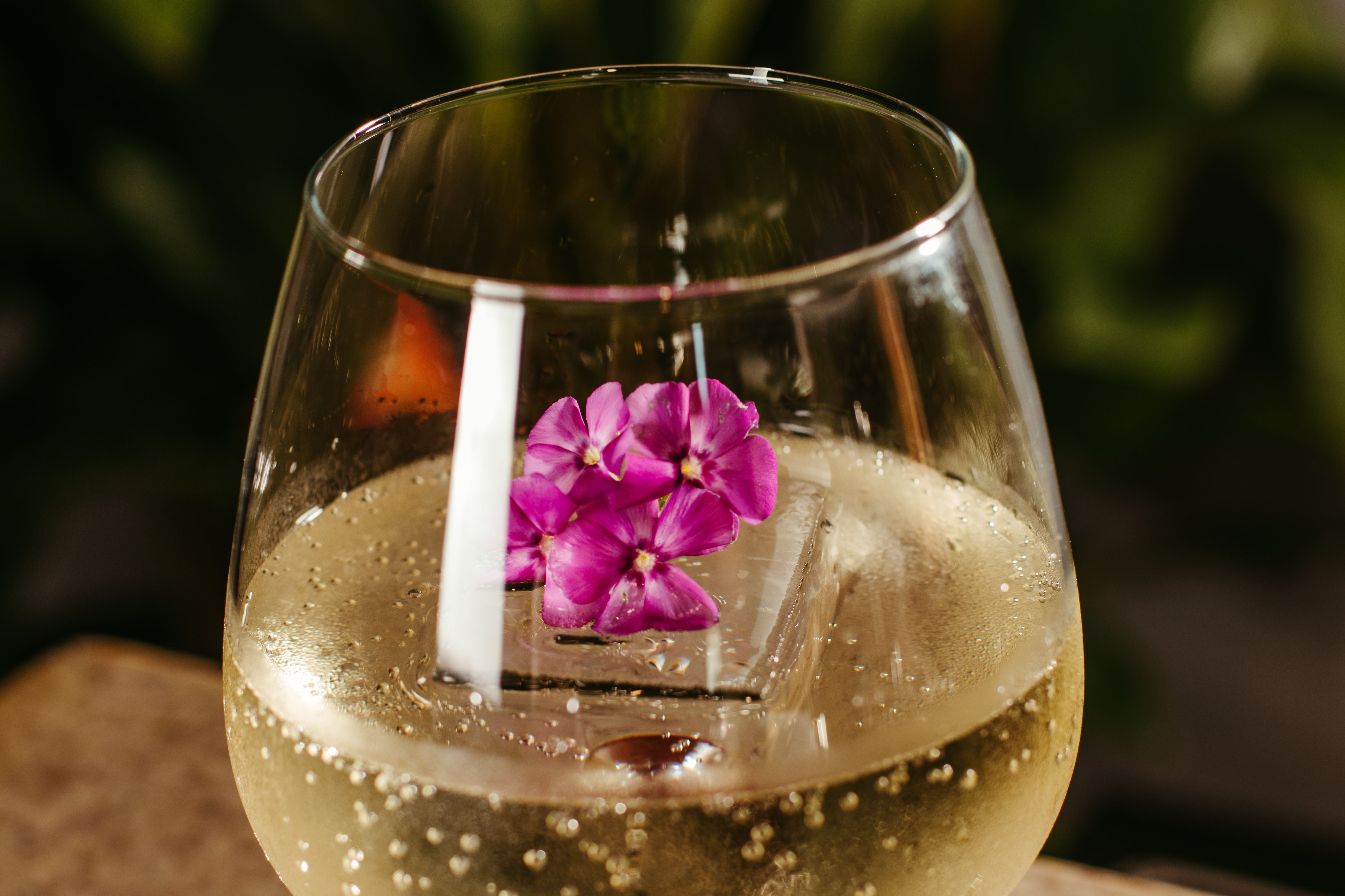 Close-up of a bubbly white wine in a glass with a purple flower garnish.