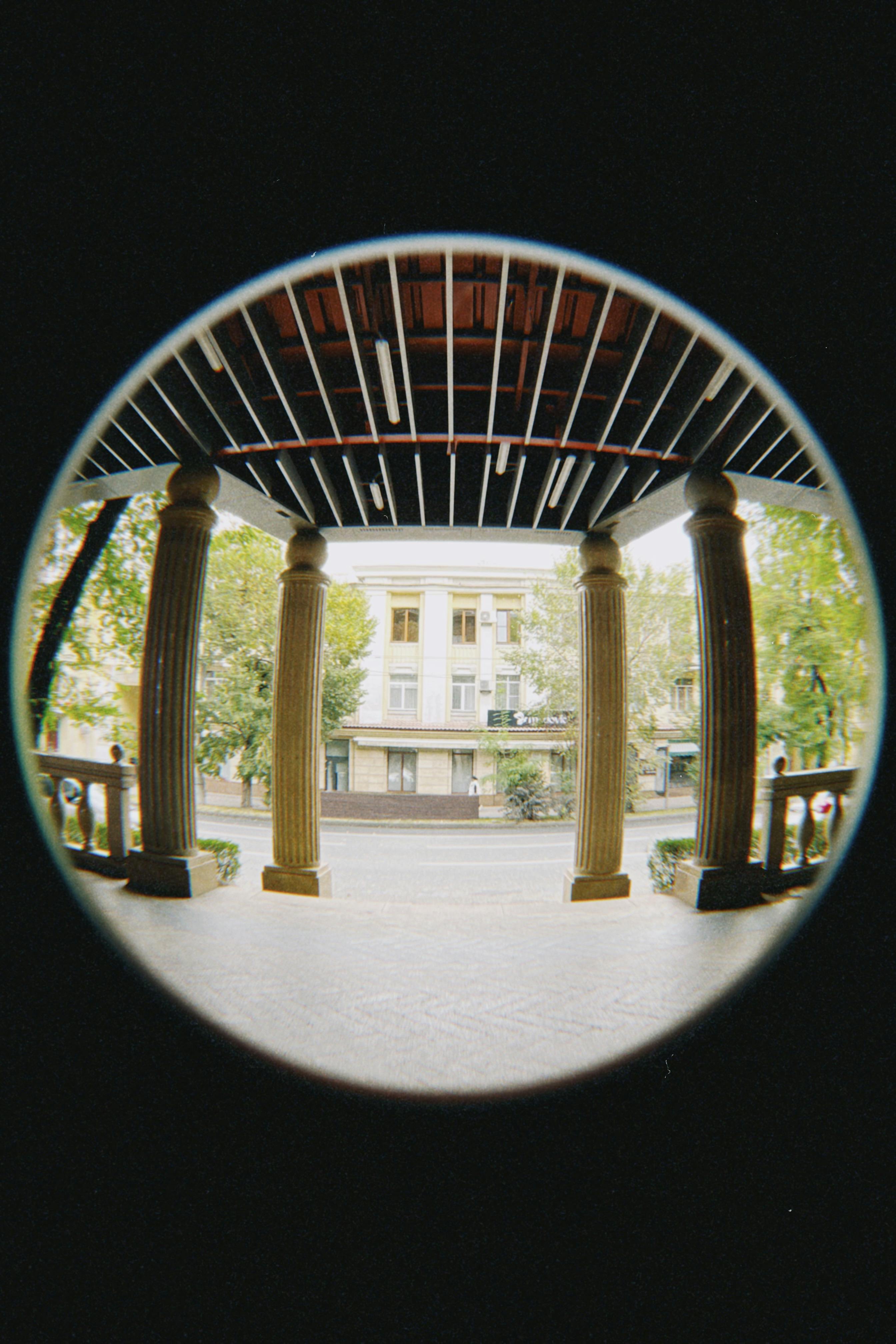 Artistic fisheye perspective of columns in Almaty, Kazakhstan building.