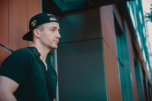 这是一幅轻松的肖像，画中一名男子头戴黑色帽子，身着黑衣，倚靠在建筑物的墙壁上