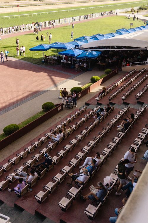Free An aerial view of a horse racing venue with scattered spectators. Rows of seats partially occupied. Stock Photo