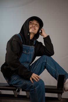 Teen smiling in a black hoodie and denim overalls, seated comfortably indoors.