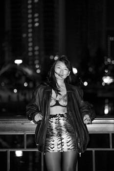 A fashionable woman in a city nightlife scene, black and white photo.