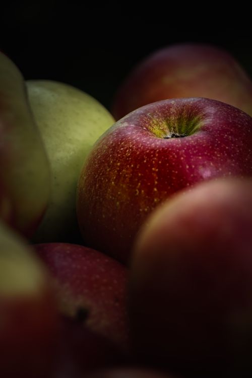 Free Vibrant close-up of fresh red and green apples with dramatic lighting, perfect for autumn themes. Stock Photo