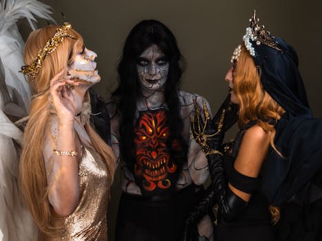 Three adults in intricate fantasy costumes and makeup create a mystical, artistic scene.