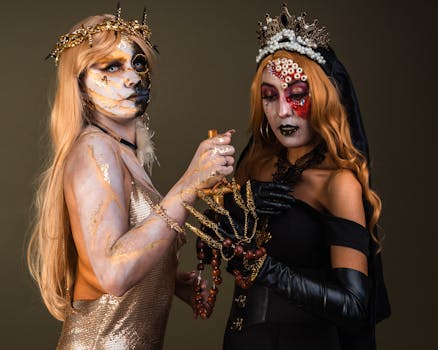 Two women in elaborate makeup and crowns hold jewelry, showcasing a unique artistic fashion statement.