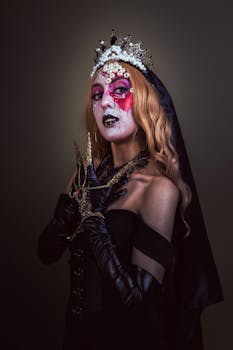 A gothic portrait showcasing a woman with dramatic makeup, ornate jewelry, and a crown against a dark background.