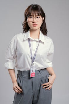 Portrait of a confident young adult with glasses and an ID badge posing indoors.