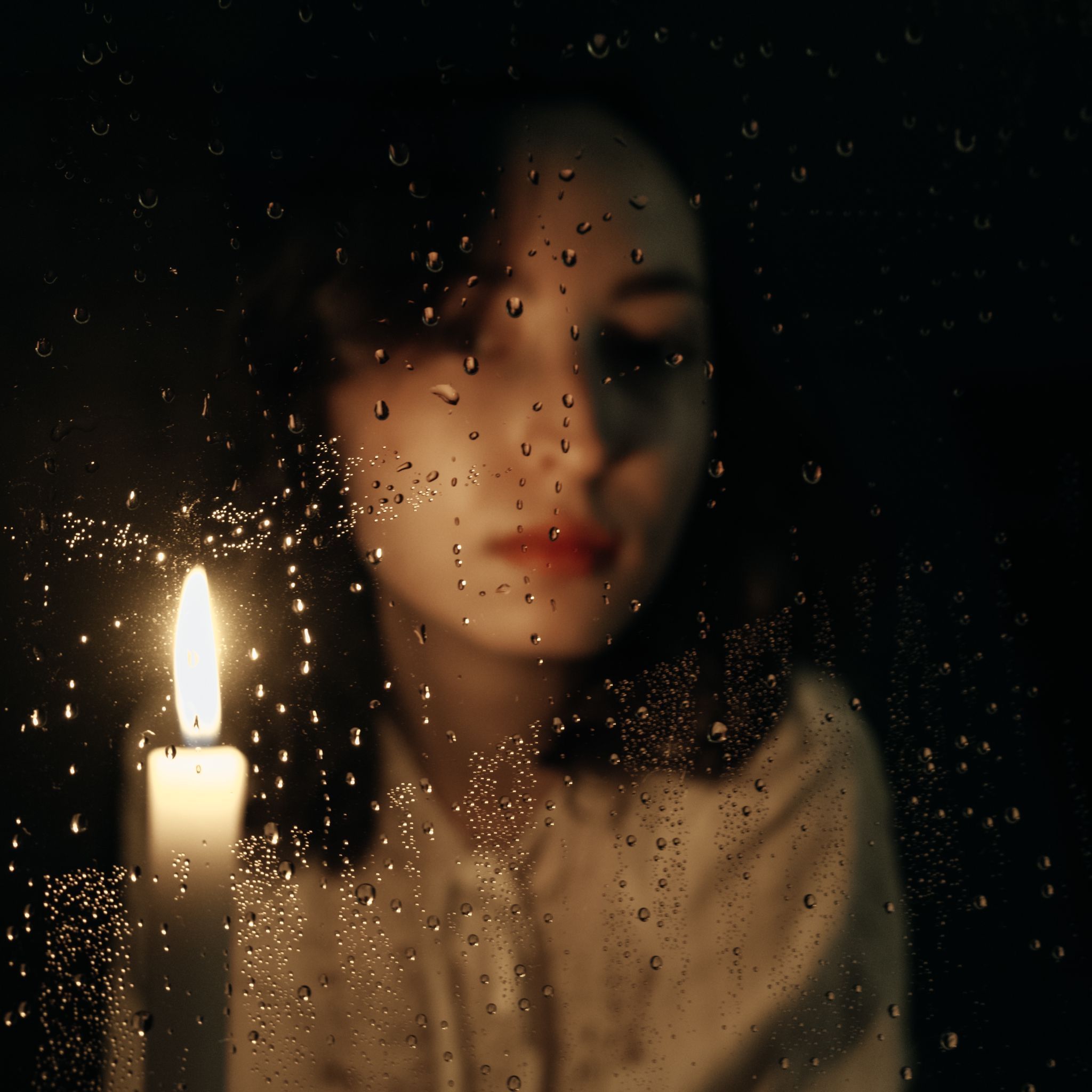Candlelit portrait behind rain-flecked glass, photo by Busranur Aydin on Pexels