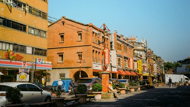 A serene capture of Dihua Street in Taipei, showcasing beautiful architecture and vibrant street life.