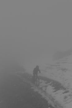A lone cyclist rides through a foggy, snow-covered landscape, creating a serene, surreal atmosphere.