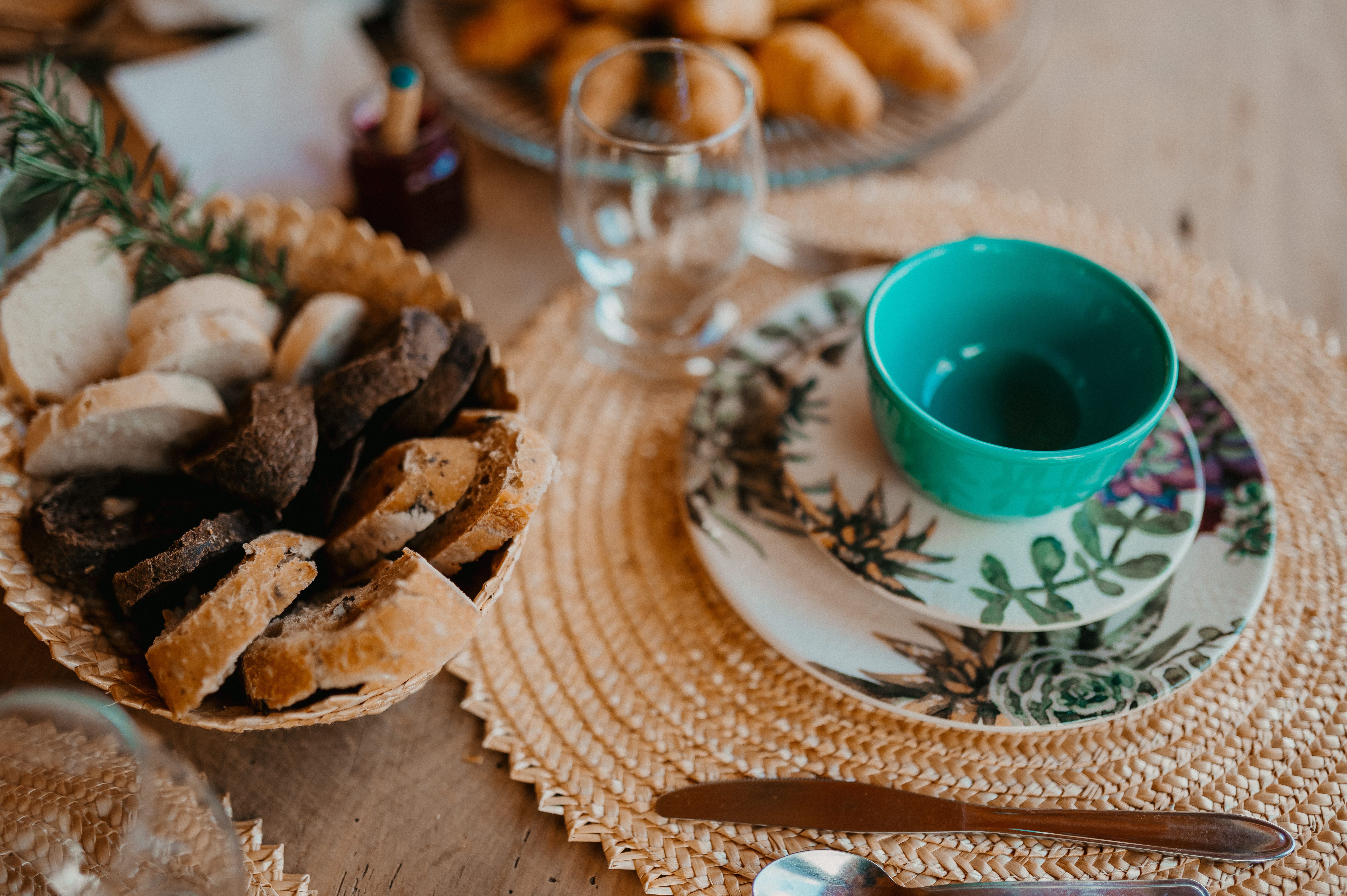 The breakfast table set by the window