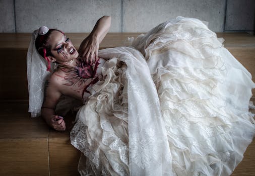 A spooky and artistic portrayal of a Halloween-themed bride with dramatic makeup.