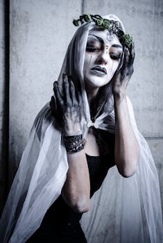 Eerie portrait of a woman in a white veil and Halloween makeup with black hands, conveying a ghostly aesthetic.