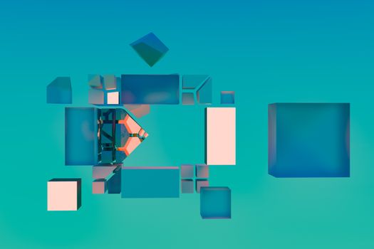 A dynamic 3D abstract composition featuring floating geometric blocks in vivid colors, ideal for modern backgrounds.