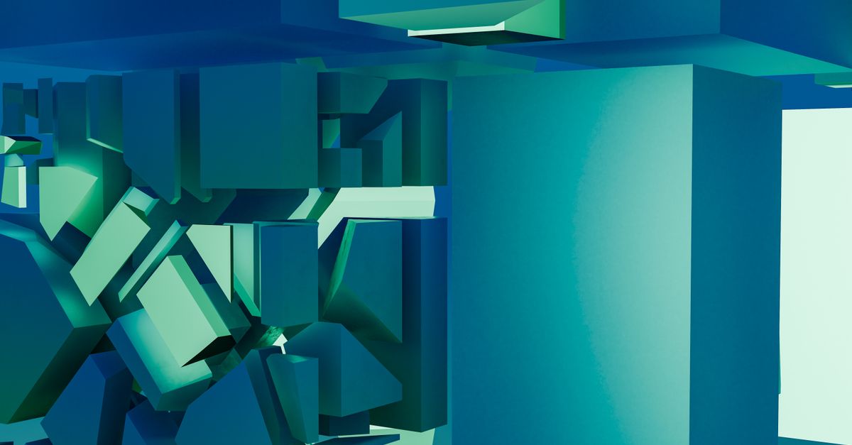 Vivid abstract 3D design with geometric shapes and cool blue tones.