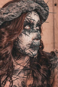 Close-up of artistic Halloween-inspired makeup featuring bold designs in Ciudad de México.