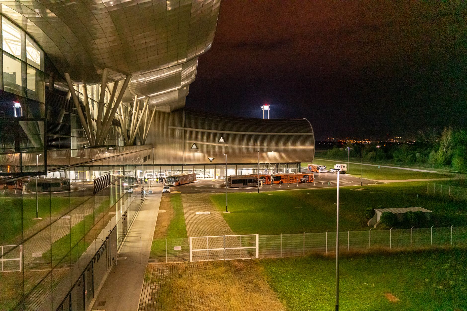 A contemporary architectural structure captured at night in Zagreb, showcasing urban design.
