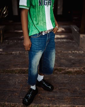Person wearing Nigerian football jersey, denim shorts, and sneakers.