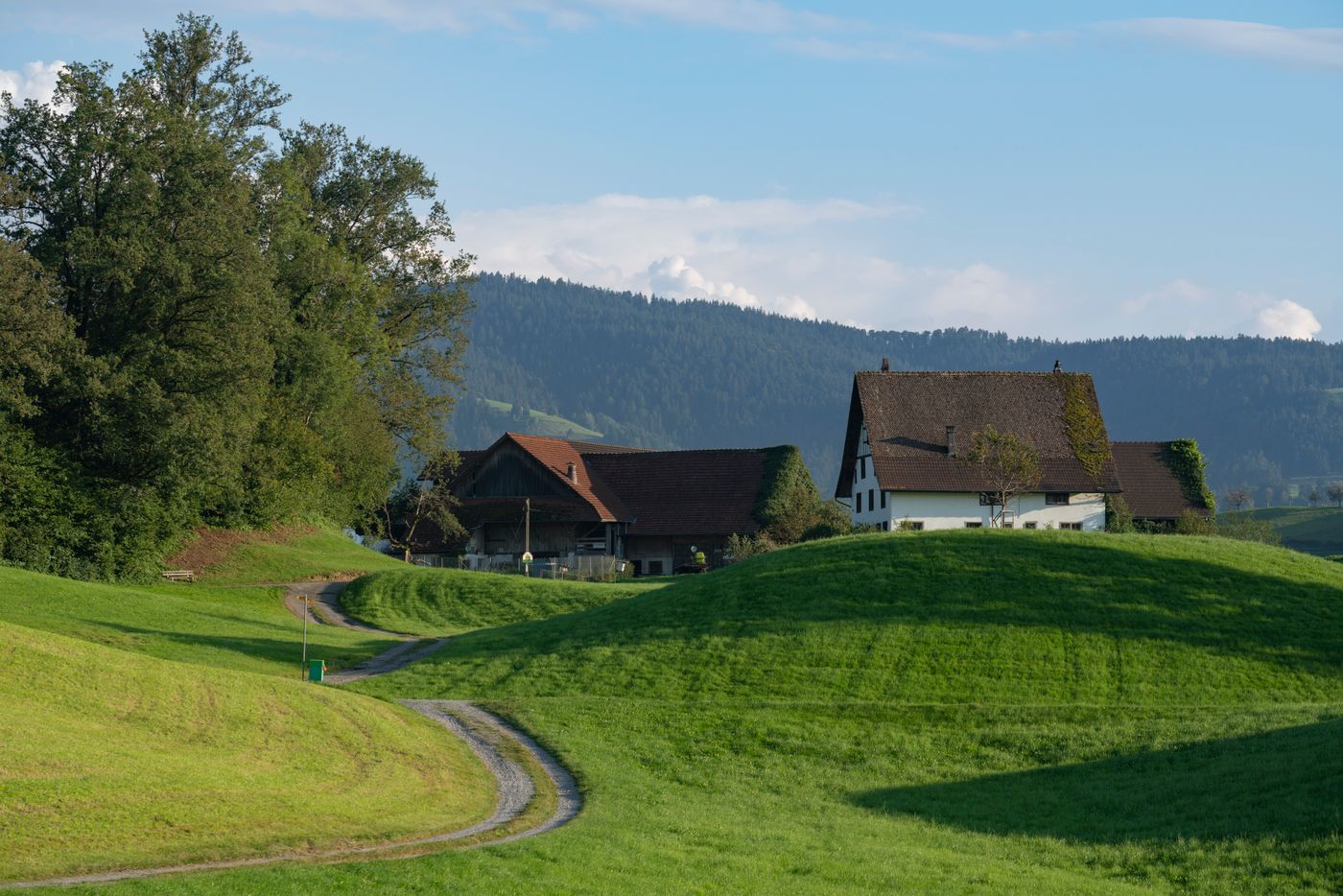 A farmhouse standing in green hills — photo by Sergio Zhukov on Pexels