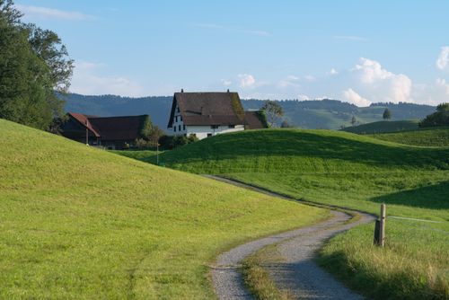 Free Charming Swiss countryside with a traditional farmhouse and green rolling hills under a blue sky. Stock Photo