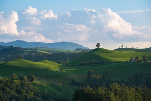 Beautiful rolling green hills under a sky with fluffy clouds during daytime.