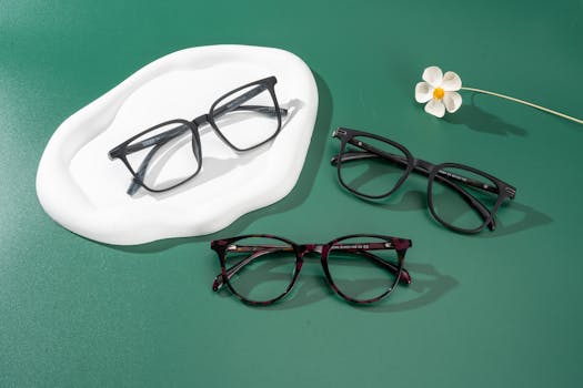 Modern eyeglasses arranged on a green surface with delicate floral decor.
