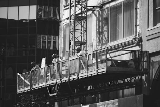 Black and white photo of construction workers on a scaffold in Milwaukee, WI.