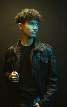 Moody studio portrait of a young man in a leather jacket with cinematic lighting.