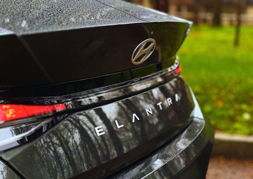 Detailed rear view of a Hyundai Elantra with park reflections and raindrops.