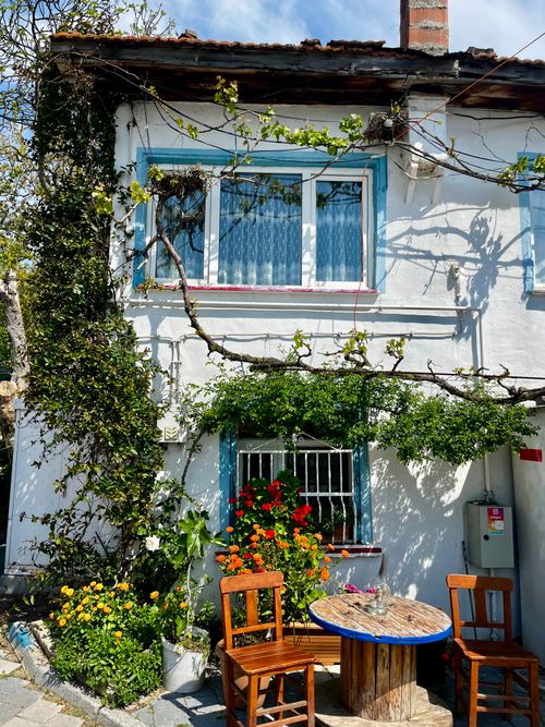 Free Vintage house adorned with colorful flowers and greenery in springtime. Stock Photo