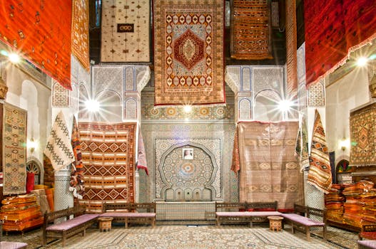 Beautiful display of colorful Moroccan carpets in a traditional shop in Fès, showcasing intricate designs and patterns.