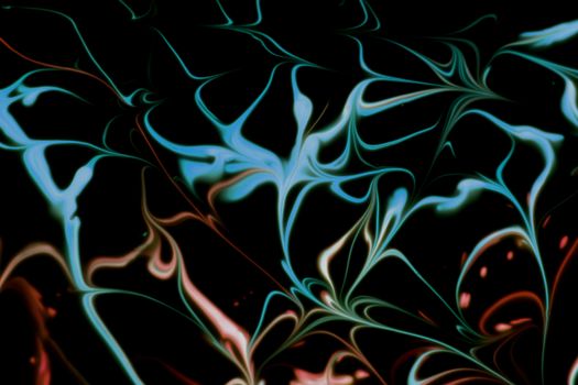 Colorful abstract fluid art with swirling blue and red patterns on a black background.