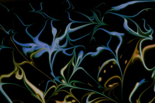 Vibrant abstract patterns with swirling organic shapes on a dark background, creating a mysterious visual impact.