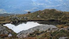 Tranquil lake in the mountains of Bergen, Norway, surrounded by lush landscape.