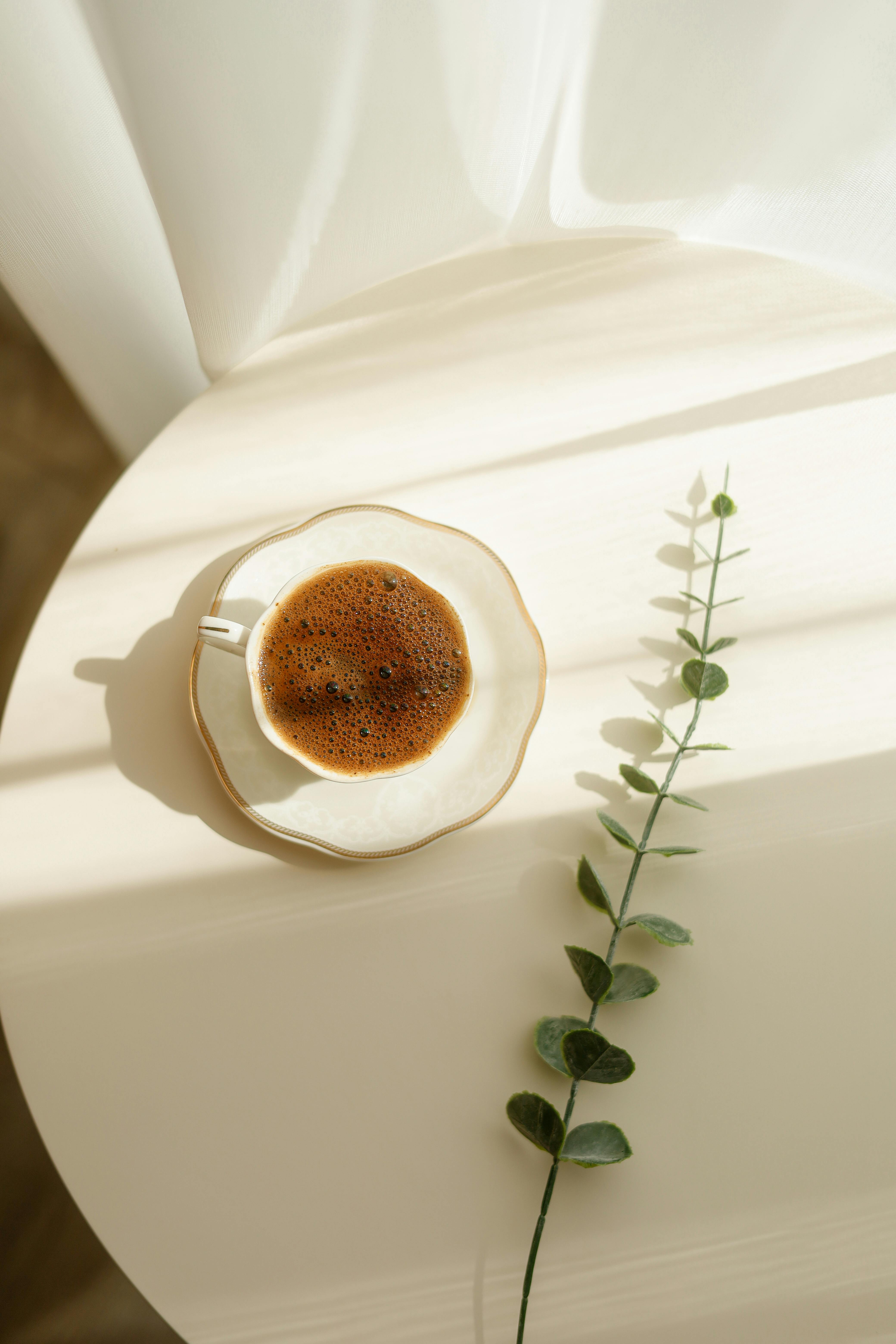 A cup of coffee with eucalyptus on a sunlit table, creating a serene and minimalist vibe.