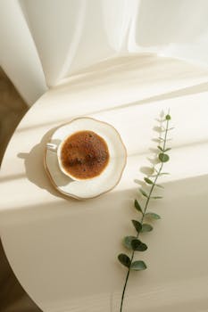 A cup of coffee with eucalyptus on a sunlit table, creating a serene and minimalist vibe.
