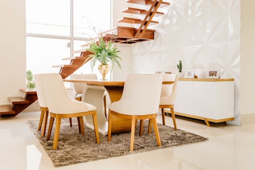 Elegant dining room featuring a wooden staircase, minimalist decor, and natural lighting.