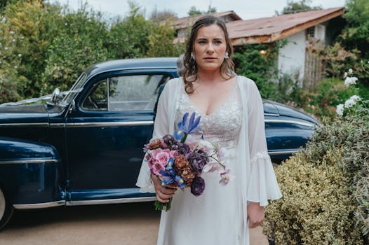 A bride in an elegant dress holds a bouquet while posing with a vintage car in a garden setting.
