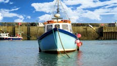 风景优美的港口停泊着五颜六色的渔船，天空明亮