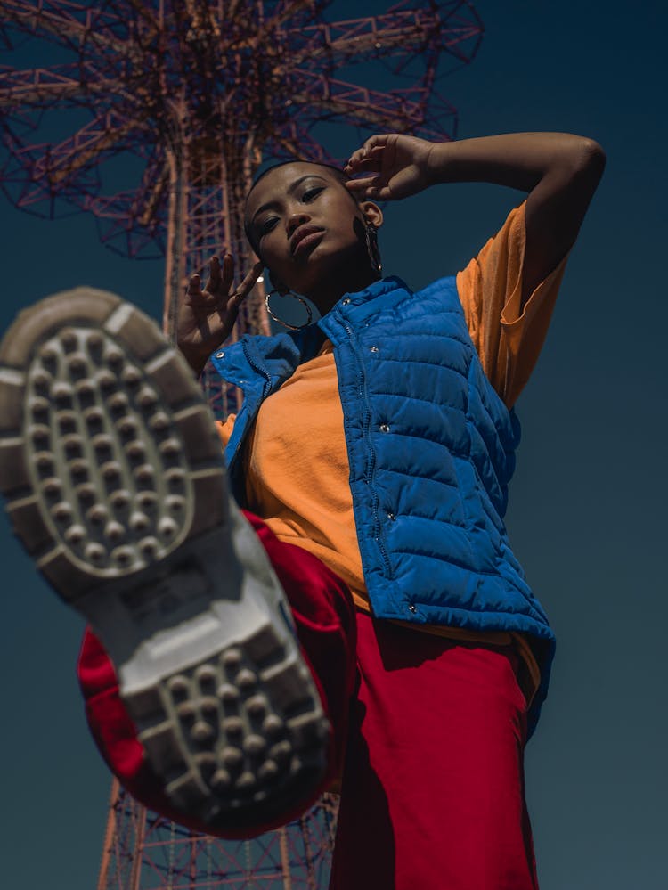 Woman Wearing Blue Bubble Vest